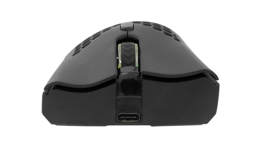 Herní bezdrátová myš White Shark WGM-5012 Lionel Black na bílém pozadí zobrazující ergonomický design zepředu